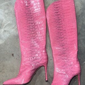 Pink Croc-Embossed Knee-High Women's Boots